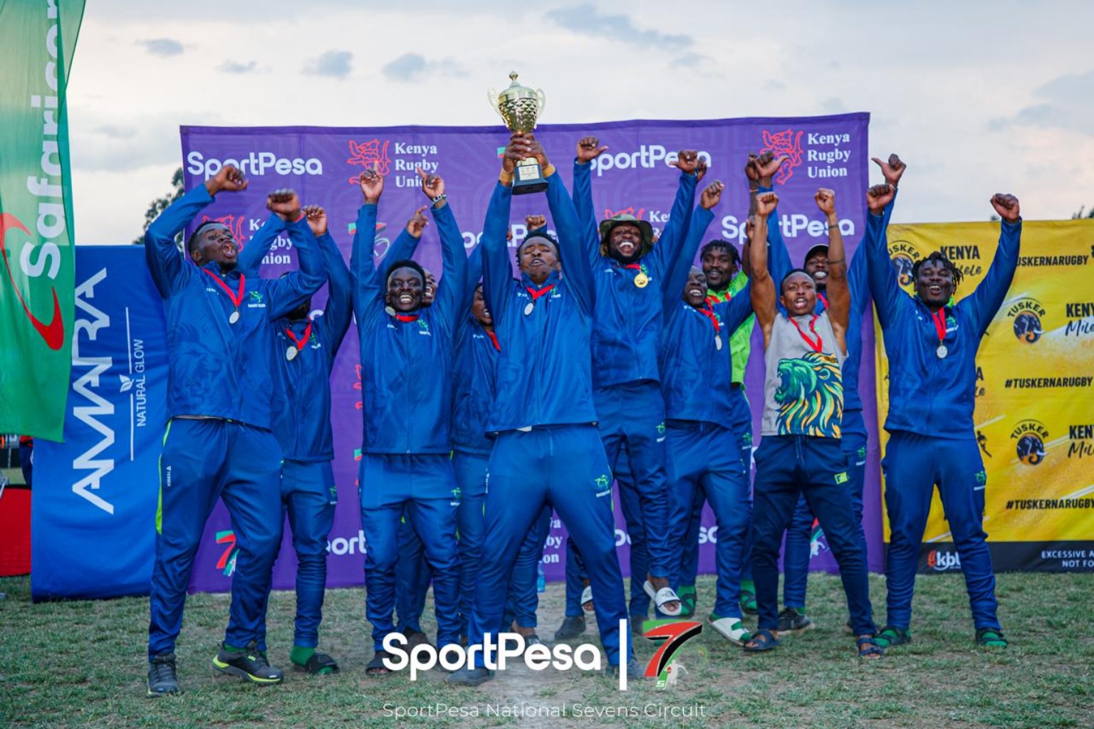 Mwamba Ladies celebrate after defeating Kiambaa Ladies 19-0 to retain the Women's Division One title at the Prinsloo 7s